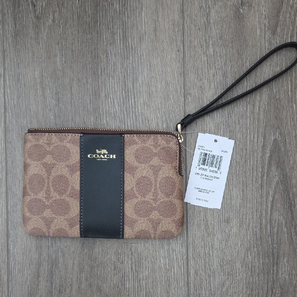 Coach Small Corner Zip Wristle Signature Canvas with Black Center Stripe